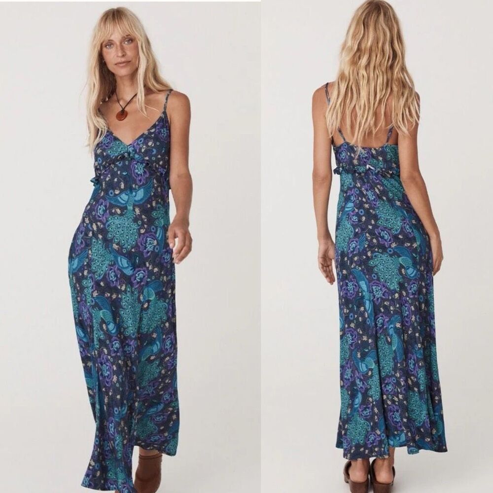 Spell * Peacock Floral Viscose Maxi Slip Dress Purple Teal Boho Ruffle | Size M